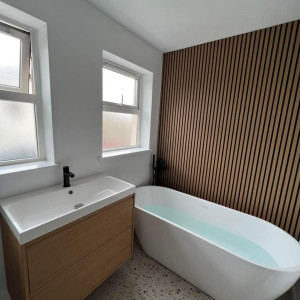 wood panels wall and wood drawer sink