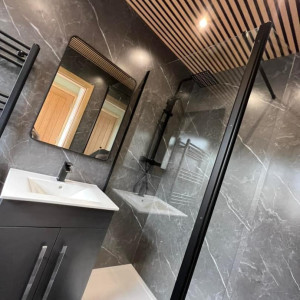 wood panel ceiling bathroom clean