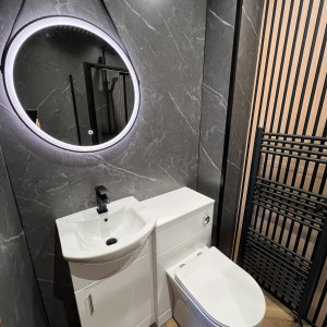 mirror angle on bathroom wood panel toilet and sink