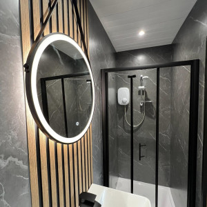 mirror hung on wood panel acoustic bathroom